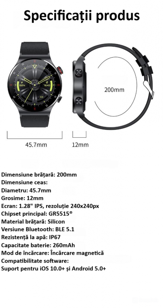 Ceas smartwatch, NFC, apel Bluetooth, ecran 1.28", control tactil, monitorizarea sanatatii, activitatilor fizice, somnului, ritmului cardiac, pedometru, incarcare magnetica, Android, iOS, negru [24]