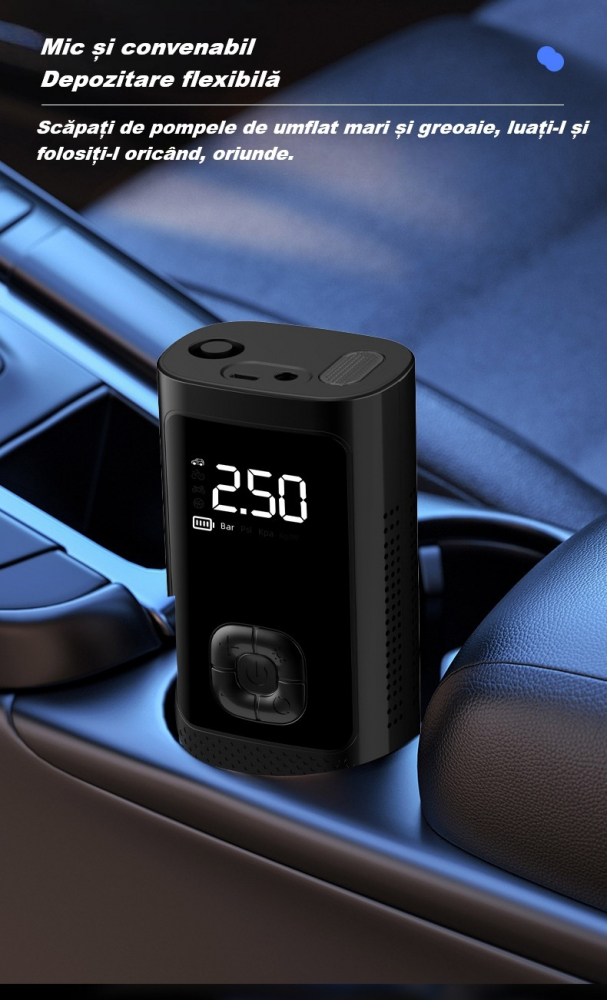 Compresor auto portabil, cu afisaj digital LED, lanterna LED, baterie externa, 150 PSI, 4 capete de umflare, pentru automobil, motocicleta, bicicleta, minge, barca, saltea, husa de depozitare, negru [10]