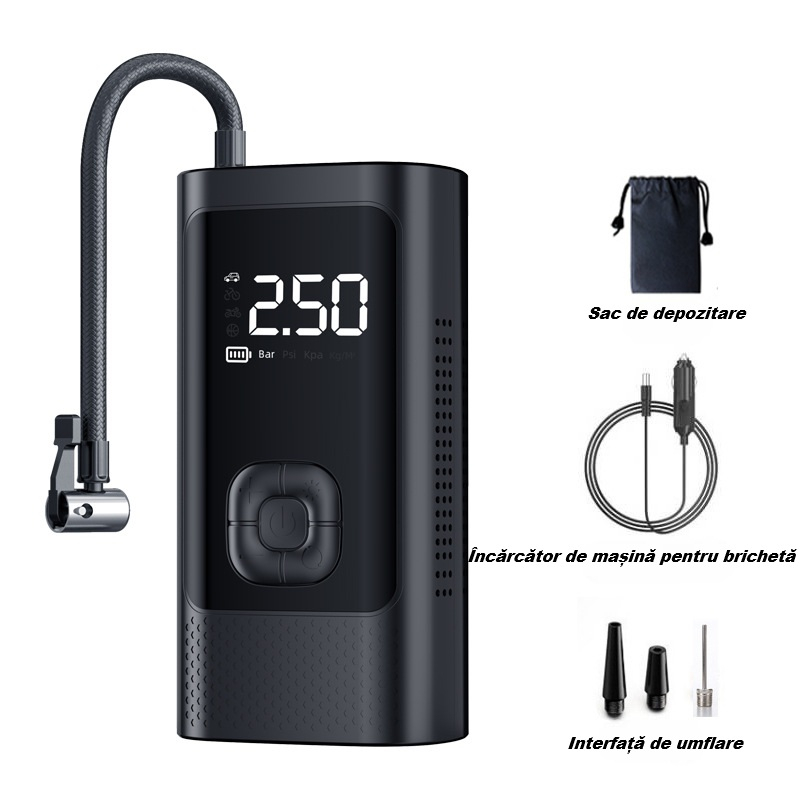 Compresor auto portabil, cu afisaj digital LED, lanterna LED, baterie externa, 150 PSI, 4 capete de umflare, pentru automobil, motocicleta, bicicleta, minge, barca, saltea, husa de depozitare, negru [2]