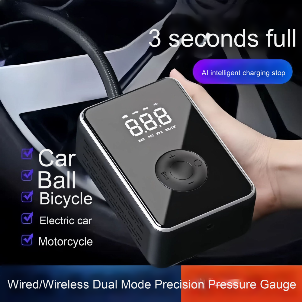 Compresor auto portabil ZYTEQ®️, pompa de aer, afisaj digital, lanterna LED, monitorizare in timp real a presiunii, baterie 2x2000 mAh, 150 PSI, iluminare de urgenta, negru [6]