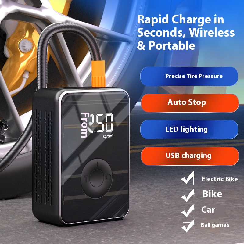 Compresor auto portabil ZYTEQ®️, pompa de aer, afisaj digital, lanterna LED, monitorizare in timp real a presiunii, baterie 2x2000 mAh, 150 PSI, iluminare de urgenta, negru [7]