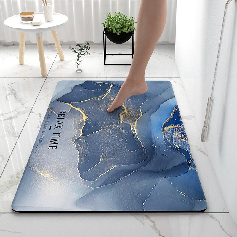 Covor de baie universal, din diatom, absorbant, antiderapant, design rulabil pentru depozitare usoara, 60x90 cm, albastru cu auriu [2]