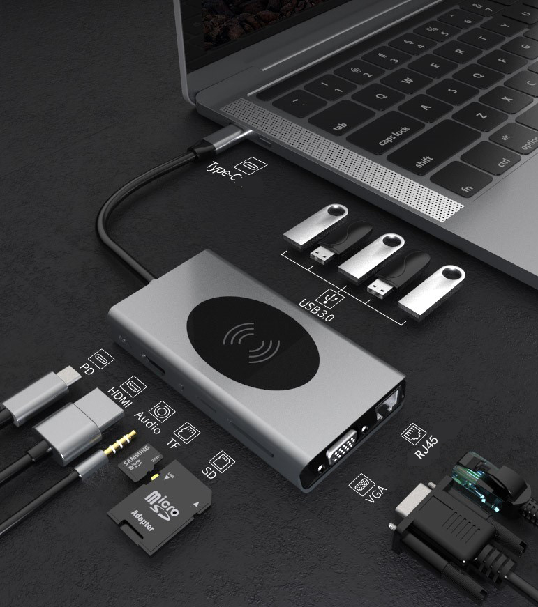 Docking Station USBC ZYTEQ®️, 13 in 1, HDMI 4K, 2xUSB 3.0, 3xUSB 2.0, 1x port PD TypeC, 1 x slot pentru card SD, 1x card TF, 1x port VGA, Ethernet RJ45, Aux 3, 5 mm, gri [3]