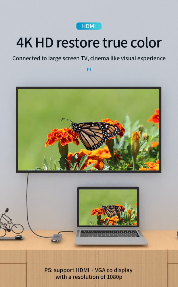 Docking Station USBC ZYTEQ®️, 13 in 1, HDMI 4K, 2xUSB 3.0, 3xUSB 2.0, 1x port PD TypeC, 1 x slot pentru card SD, 1x card TF, 1x port VGA, Ethernet RJ45, Aux 3, 5 mm, gri [4]