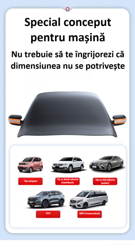 Husa magnetica si parasolar pentru parbriz, geamuri laterale si oglinzi, cu protectie impotriva inghetului, soarelui, ploii, vantului, prafului si rezistenta la zgarieturi [11]