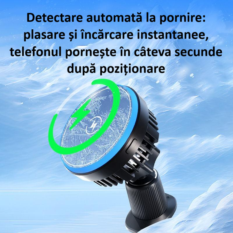Incarcator auto, suport de incarcare fara fir, 15W Qi Fast Charge, compatibil MagSafe, suport ventilatie sau bord, iluminat LED, 360°, cu functie de refrigerare, rotativ, magnet puternic, negru [5]