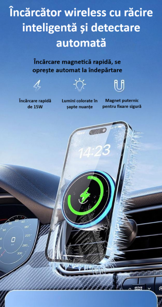 Incarcator auto, suport de incarcare fara fir, 15W Qi Fast Charge, compatibil MagSafe, suport ventilatie sau bord, iluminat LED, 360°, cu functie de refrigerare, rotativ, magnet puternic, negru [6]
