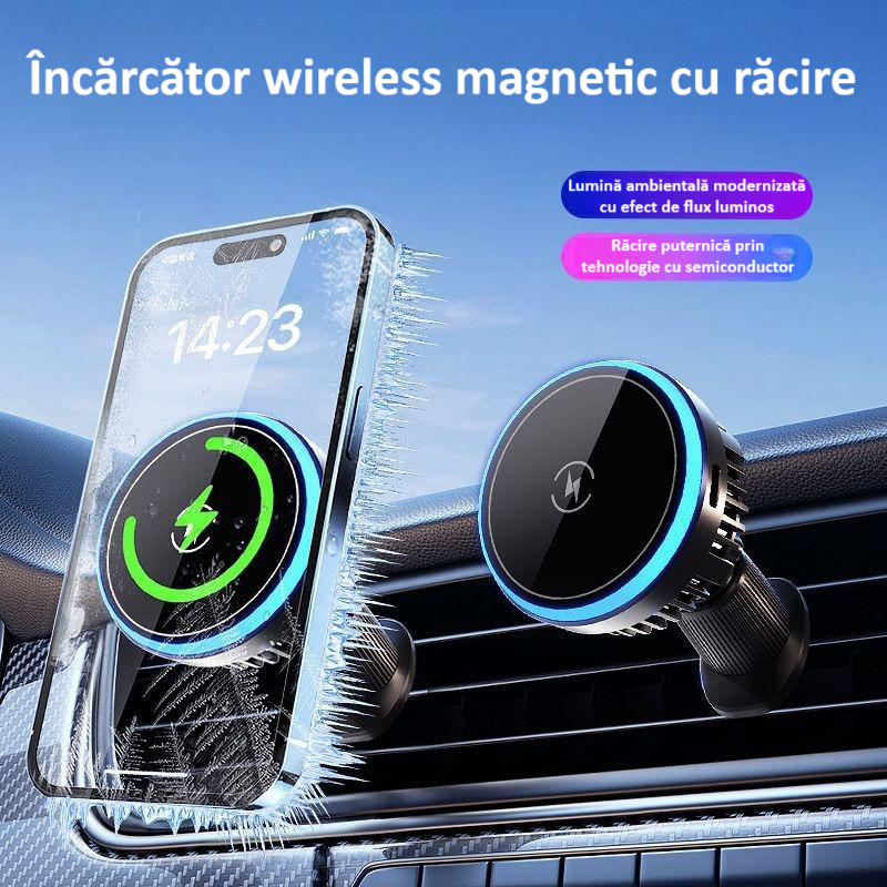 Incarcator auto, suport de incarcare fara fir, 15W Qi Fast Charge, compatibil MagSafe, suport ventilatie sau bord, iluminat LED, 360°, cu functie de refrigerare, rotativ, magnet puternic, negru [4]
