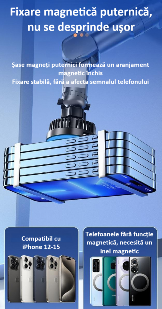 Incarcator auto, suport de incarcare fara fir, 15W Qi Fast Charge, compatibil MagSafe, suport ventilatie sau bord, iluminat LED, 360°, cu functie de refrigerare, rotativ, magnet puternic, negru [12]