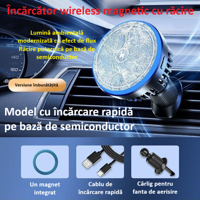 Incarcator auto, suport de incarcare fara fir, 15W Qi Fast Charge, compatibil MagSafe, suport ventilatie sau bord, iluminat LED, 360°, cu functie de refrigerare, rotativ, magnet puternic, negru [2]