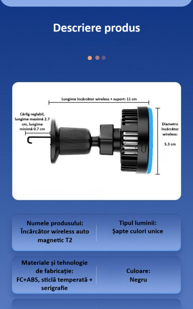 Incarcator auto, suport de incarcare fara fir, 15W Qi Fast Charge, compatibil MagSafe, suport ventilatie sau bord, iluminat LED, 360°, cu functie de refrigerare, rotativ, magnet puternic, negru [14]