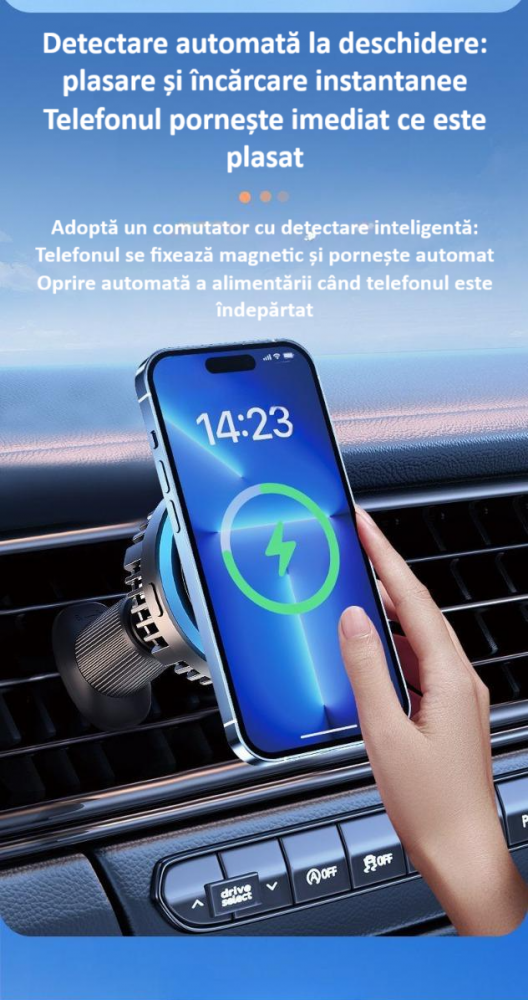 Incarcator auto, suport de incarcare fara fir, 15W Qi Fast Charge, compatibil MagSafe, suport ventilatie sau bord, iluminat LED, 360°, cu functie de refrigerare, rotativ, magnet puternic, negru [9]
