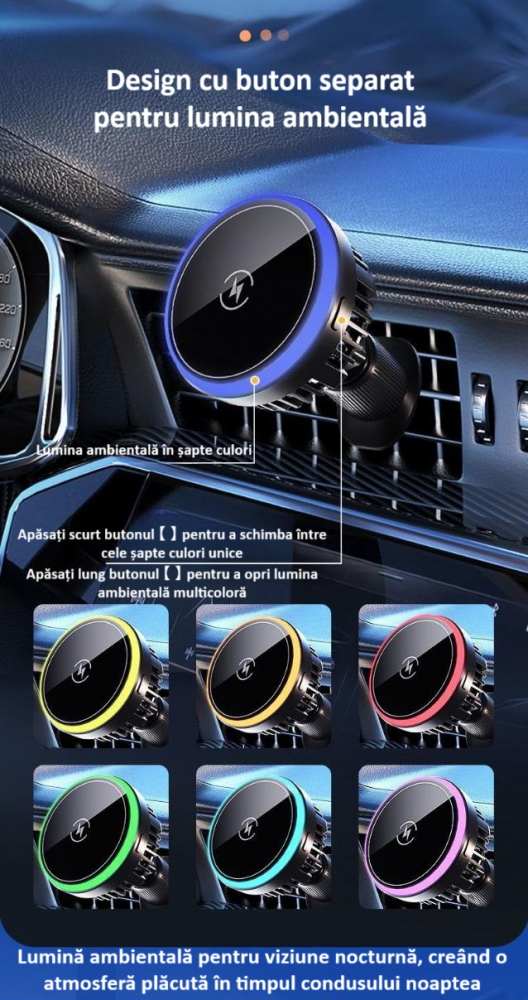 Incarcator auto, suport de incarcare fara fir, 15W Qi Fast Charge, compatibil MagSafe, suport ventilatie sau bord, iluminat LED, 360°, cu functie de refrigerare, rotativ, magnet puternic, negru [11]