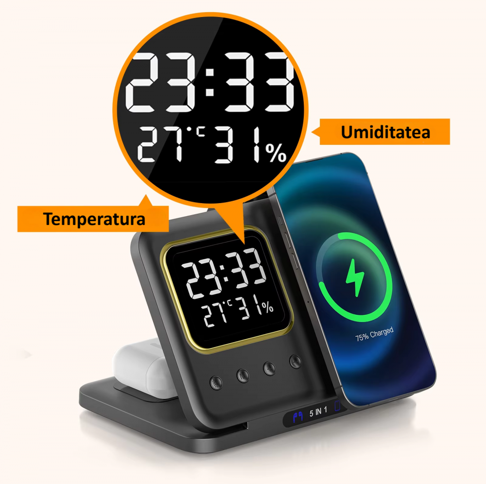 Incarcator wireless, statie de incarcare 5 in 1,ceas, afisaj temperatura, umiditate, lumina de noapte, Fast Charge, compatibil cu Apple Watch, AirPods, iPhone, Samsung, telefoane cu functia Qi, negru [5]