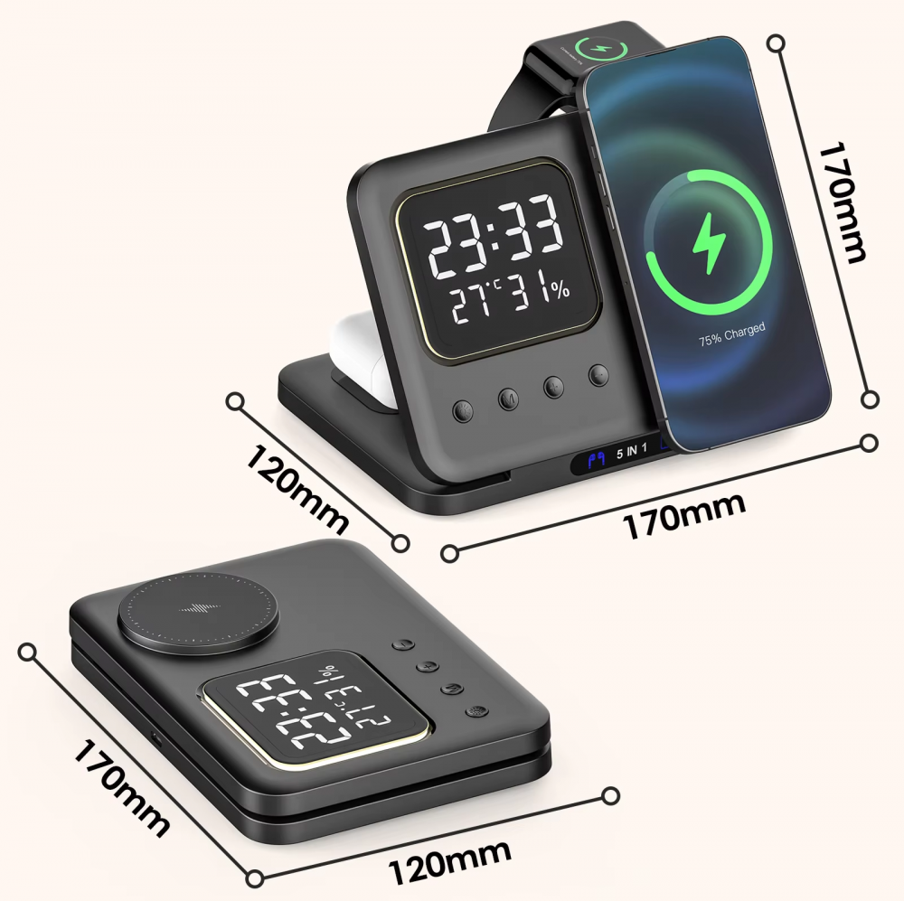 Incarcator wireless, statie de incarcare 5 in 1,ceas, afisaj temperatura, umiditate, lumina de noapte, Fast Charge, compatibil cu Apple Watch, AirPods, iPhone, Samsung, telefoane cu functia Qi, negru [3]