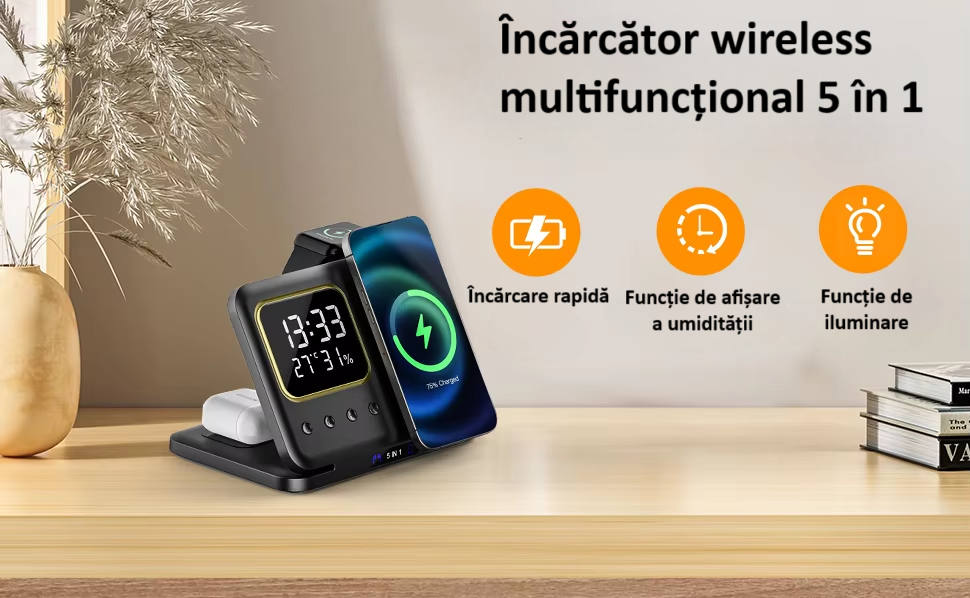 Incarcator wireless, statie de incarcare 5 in 1,ceas, afisaj temperatura, umiditate, lumina de noapte, Fast Charge, compatibil cu Apple Watch, AirPods, iPhone, Samsung, telefoane cu functia Qi, negru [2]