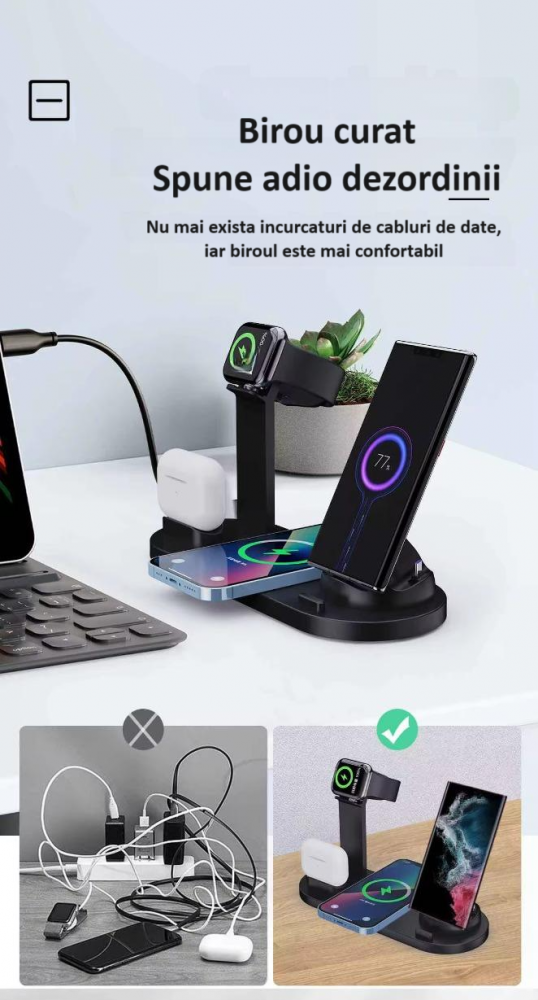 Incarcator wireless, statie de incarcare 6 in 1 universala standard Qi, fast charge 15W, compatibil cu Apple Watch, AirPods, iPhone, Android, Samsung, Huawei, si alte telefoane cu functia Qi, negru [2]