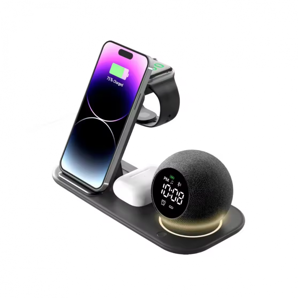 Incarcator wireless tip statie de incarcare 6 in 1, boxa, ceas, Bluetooth, fast charge, incarcare rapida, compatibil cu Apple Watch, AirPods, iPhone, Android, Samsung, telefoane cu functia Qi, negru [1]