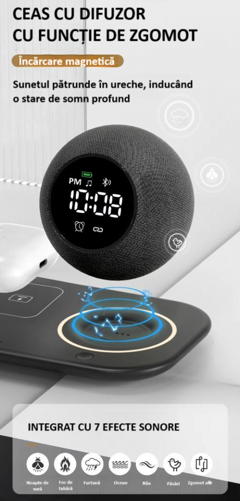 Incarcator wireless tip statie de incarcare 6 in 1, boxa, ceas, Bluetooth, fast charge, incarcare rapida, compatibil cu Apple Watch, AirPods, iPhone, Android, Samsung, telefoane cu functia Qi, negru [5]