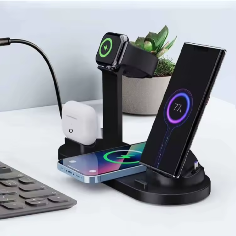 Incarcator wireless, statie de incarcare 6 in 1 universala standard Qi, fast charge 15W, compatibil cu Apple Watch, AirPods, iPhone, Android, Samsung, Huawei, si alte telefoane cu functia Qi, negru [9]