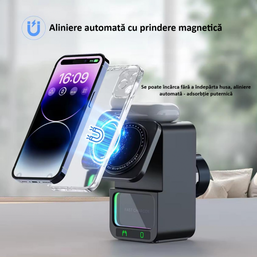 Incarcator wireless, tip statie de incarcare universala 4 in 1, compacta, cu boxa Bluetooth, lumina calda, fast charge CryoBoost 15W, negru [4]