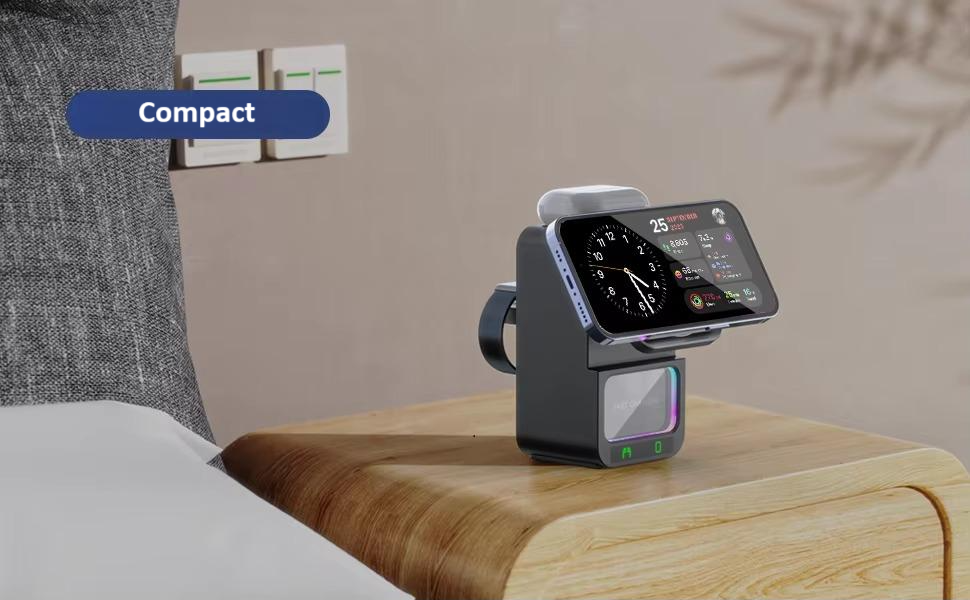 Incarcator wireless, tip statie de incarcare universala 4 in 1, compacta, cu boxa Bluetooth, lumina calda, fast charge CryoBoost 15W, negru [13]