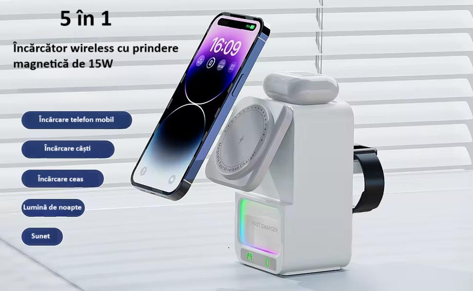 Incarcator wireless, tip statie de incarcare universala 4 in 1, compacta, cu boxa Bluetooth, lumina calda, fast charge CryoBoost 15W, negru [9]