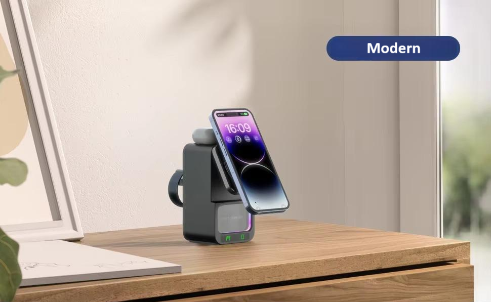 Incarcator wireless, tip statie de incarcare universala 4 in 1, compacta, cu boxa Bluetooth, lumina calda, fast charge CryoBoost 15W, negru [12]