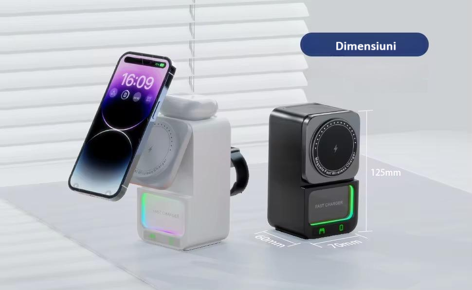 Incarcator wireless, tip statie de incarcare universala 4 in 1, compacta, cu boxa Bluetooth, lumina calda, fast charge CryoBoost 15W, negru [14]