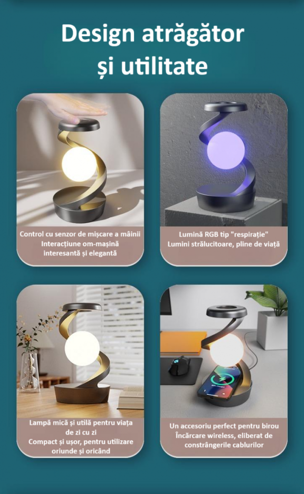Lampa inteligenta rotativa, pentru birou sau noptiera, cu multiple moduri de control, senzor de miscare, lumina difuza de noapte, lumina RGB, baterie incorporata, alba [12]
