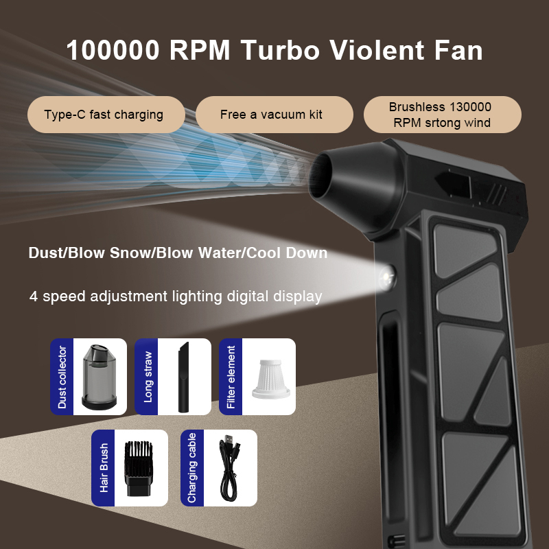 Mini ventilator turbo portabil ZYTEQ®, fara perii, de mare viteza, suflanta de praf, zapada, Frunze, pentru camping si aer liber, reincarcabil, negru [4]