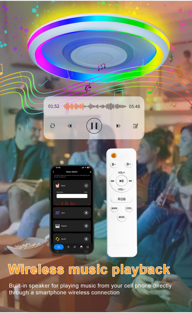 Plafoniera LED inteligenta ZYTEQ®️, putere 74W, eleganta, control prin telecomanda si aplicatie Tuya sau Smart Life APP, muzica prin Bluetooth, lumina RGB calda si rece, alba [8]