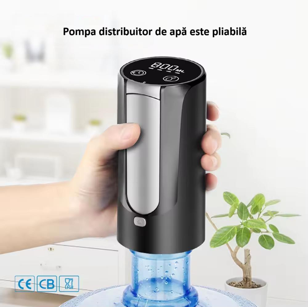 Pompa electrica pentru apa cu afisaj LED, pliabila, baterie 1200 mAh, incarcare USB-C, dozator cu ecran digital si touch, compatibila cu bidoane de 5L/7.5L/11L/18.9L, indicator nivel baterie, neagra [5]