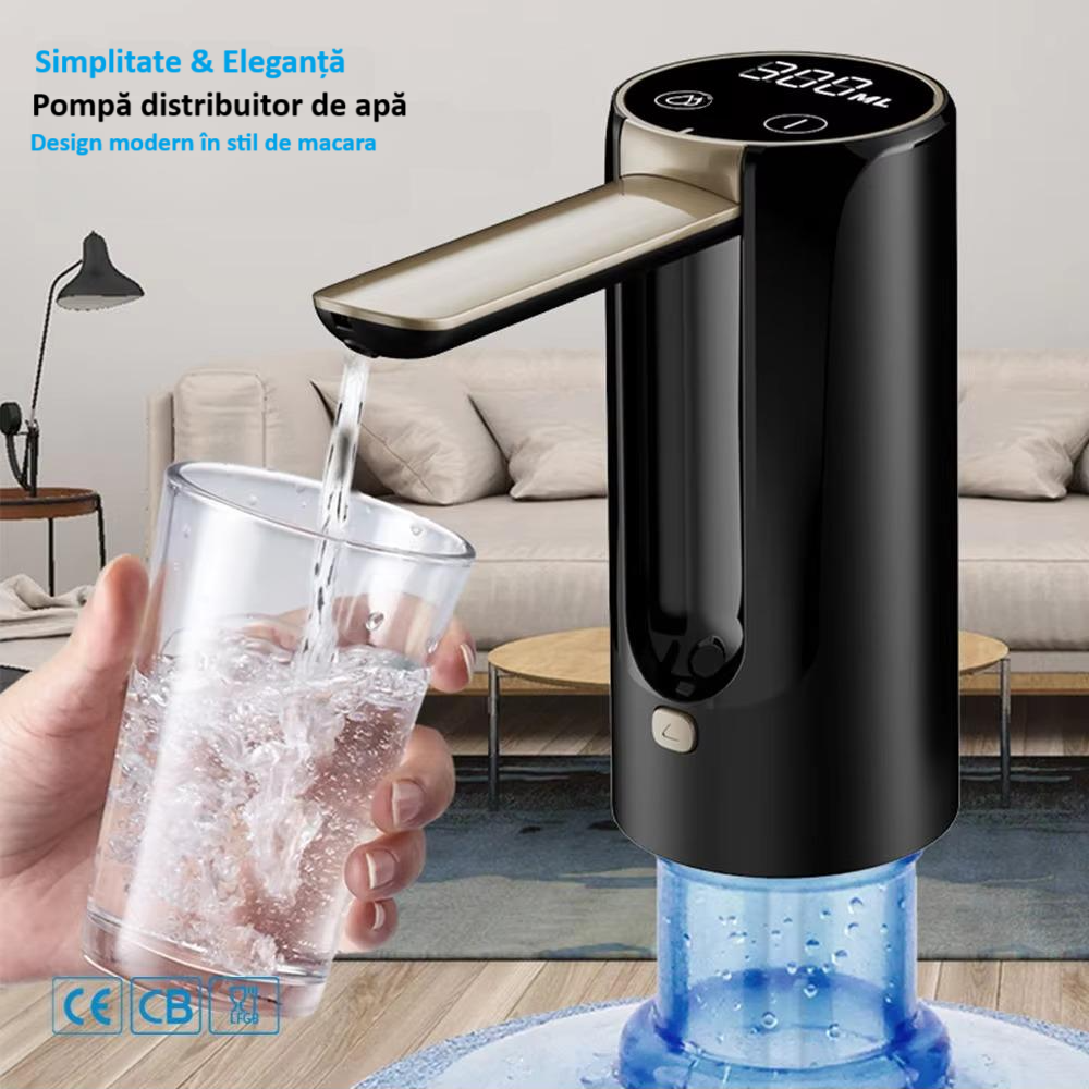 Pompa electrica pentru apa cu afisaj LED, pliabila, baterie 1200 mAh, incarcare USB-C, dozator cu ecran digital si touch, compatibila cu bidoane de 5L/7.5L/11L/18.9L, indicator nivel baterie, neagra [2]