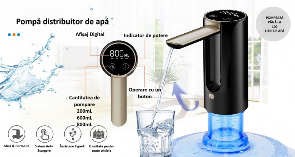 Pompa electrica pentru apa cu afisaj LED, pliabila, baterie 1200 mAh, incarcare USB-C, dozator cu ecran digital si touch, compatibila cu bidoane de 5L/7.5L/11L/18.9L, indicator nivel baterie, neagra [4]