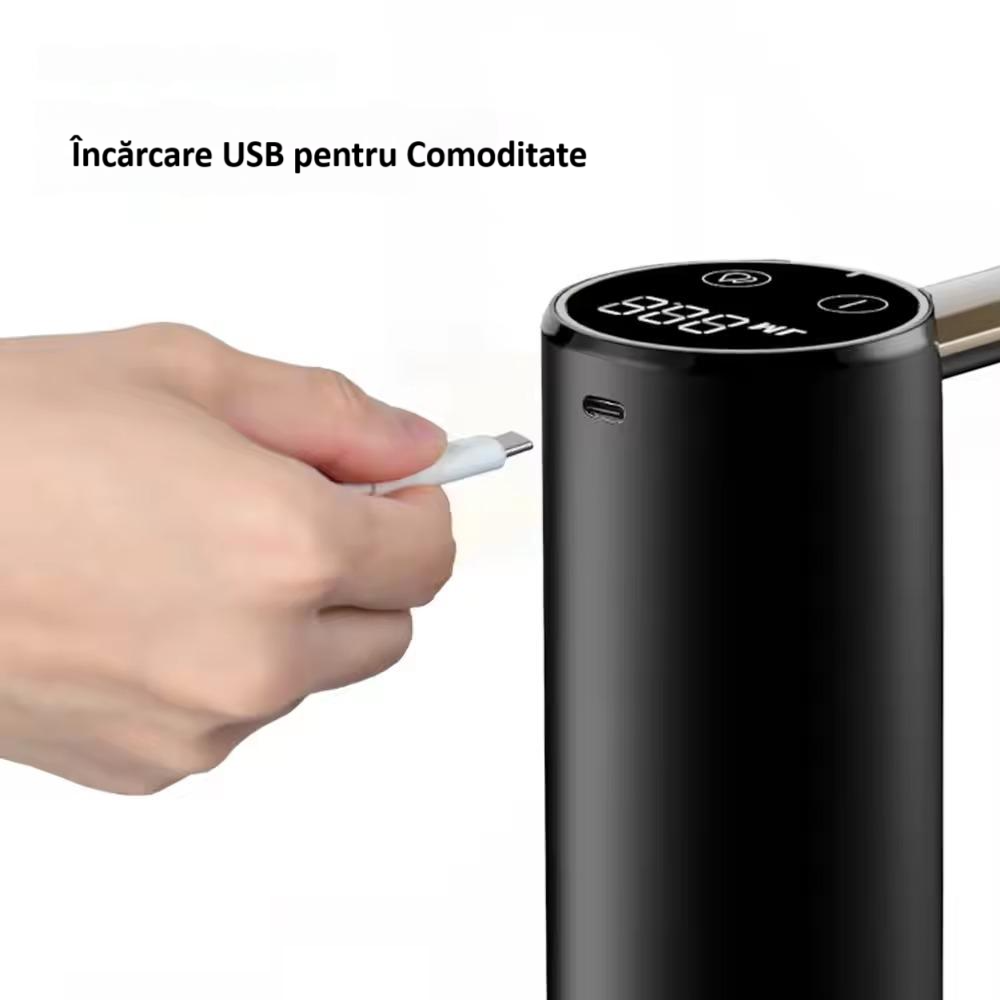 Pompa electrica pentru apa cu afisaj LED, pliabila, baterie 1200 mAh, incarcare USB-C, dozator cu ecran digital si touch, compatibila cu bidoane de 5L/7.5L/11L/18.9L, indicator nivel baterie, neagra [3]