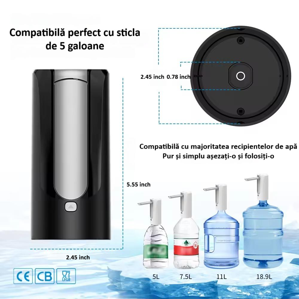 Pompa electrica pentru apa cu afisaj LED, pliabila, baterie 1200 mAh, incarcare USB-C, dozator cu ecran digital si touch, compatibila cu bidoane de 5L/7.5L/11L/18.9L, indicator nivel baterie, neagra [6]