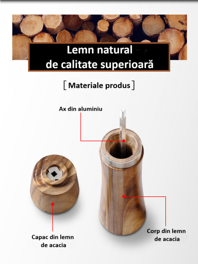 Set 2 rasnite pentru sare si piper, suport din lemn de acacia, inel de otel negru, granulatie reglabila, mecanism ceramic de inalta duritate, ax din aluminiu, capac si corp din lemn, maro [3]