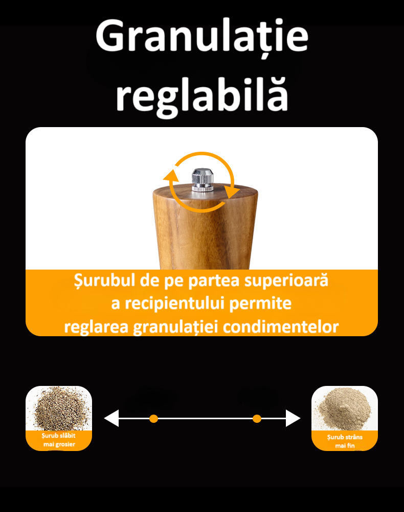 Set 2 rasnite pentru sare si piper, suport din lemn de acacia, inel de otel negru, granulatie reglabila, mecanism ceramic de inalta duritate, ax din aluminiu, capac si corp din lemn, maro [7]