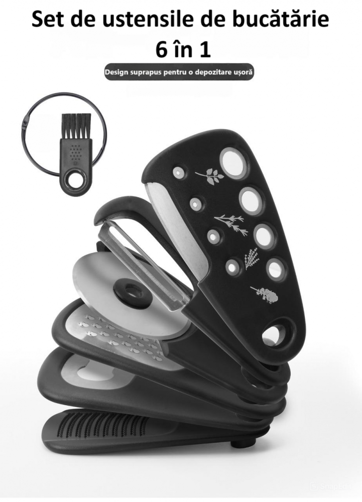 Set ustensile de bucatarie multifunctionale 6 in 1, razatoare, deschizator de sticle, curatator fructe si legume, taietor pizza, peeler, razatoare usturoi si ghimbir, otel inoxidabil, negre [6]