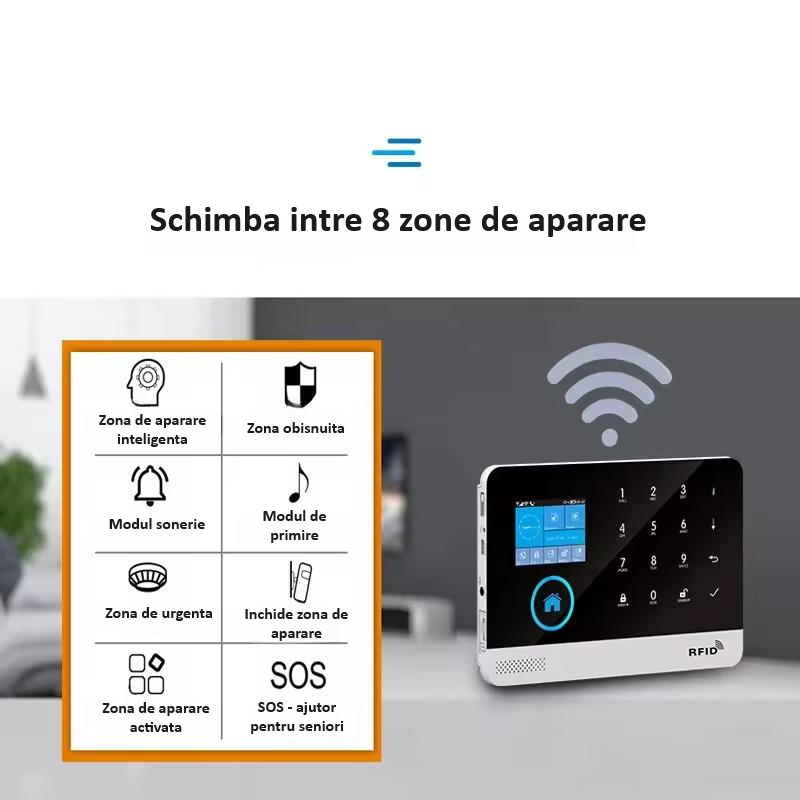 Sistem de alarma wireless, LCD, WiFi, GSM, RFID, touchscreen, control prin aplicatia Tuya Smart, kit inteligent cu senzor si detector PIR, alerta prin SMS, apel vocal, notificare pe telefon, alb [5]