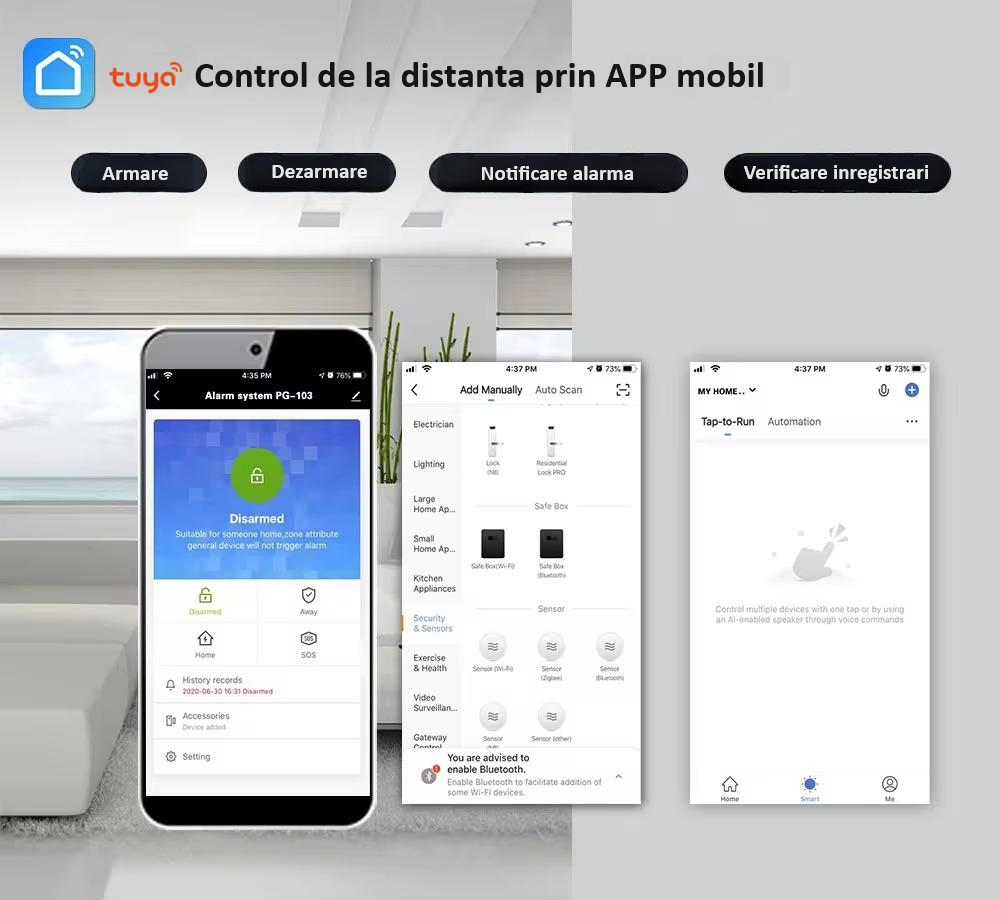 Sistem de alarma wireless, LCD, WiFi, GSM, RFID, touchscreen, control prin aplicatia Tuya Smart, kit inteligent cu senzor si detector PIR, alerta prin SMS, apel vocal, notificare pe telefon, alb [9]