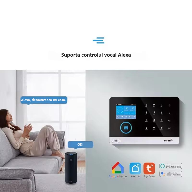 Sistem de alarma wireless, LCD, WiFi, GSM, RFID, touchscreen, control prin aplicatia Tuya Smart, kit inteligent cu senzor si detector PIR, alerta prin SMS, apel vocal, notificare pe telefon, alb [6]