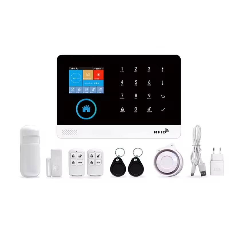 Sistem de alarma wireless, LCD, WiFi, GSM, RFID, touchscreen, control prin aplicatia Tuya Smart, kit inteligent cu senzor si detector PIR, alerta prin SMS, apel vocal, notificare pe telefon, alb [1]