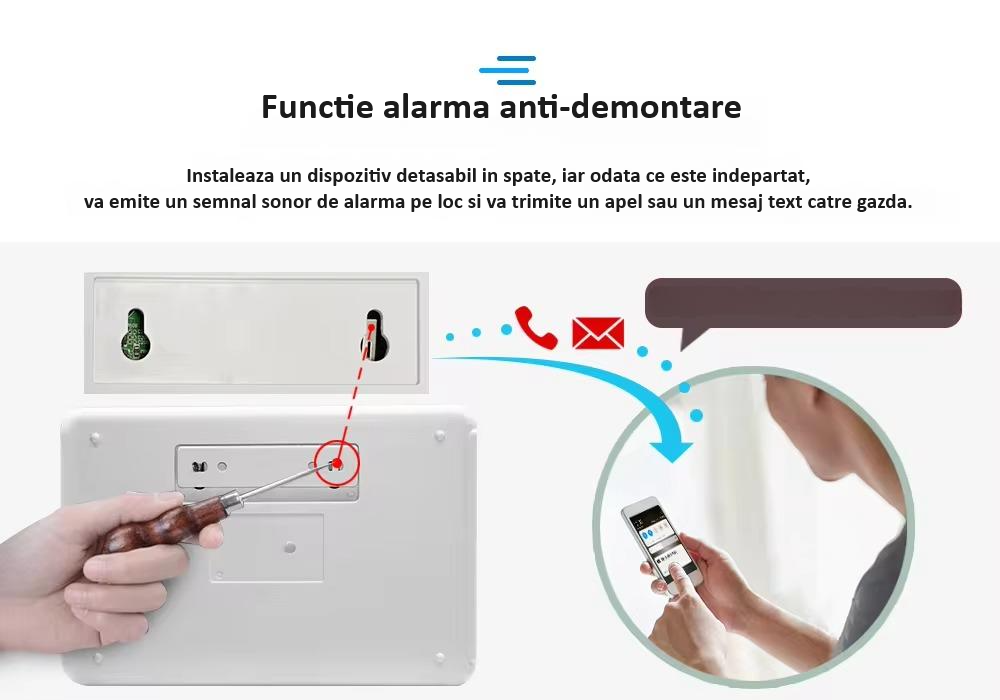 Sistem de alarma wireless, LCD, WiFi, GSM, RFID, touchscreen, control prin aplicatia Tuya Smart, kit inteligent cu senzor si detector PIR, alerta prin SMS, apel vocal, notificare pe telefon, alb [16]