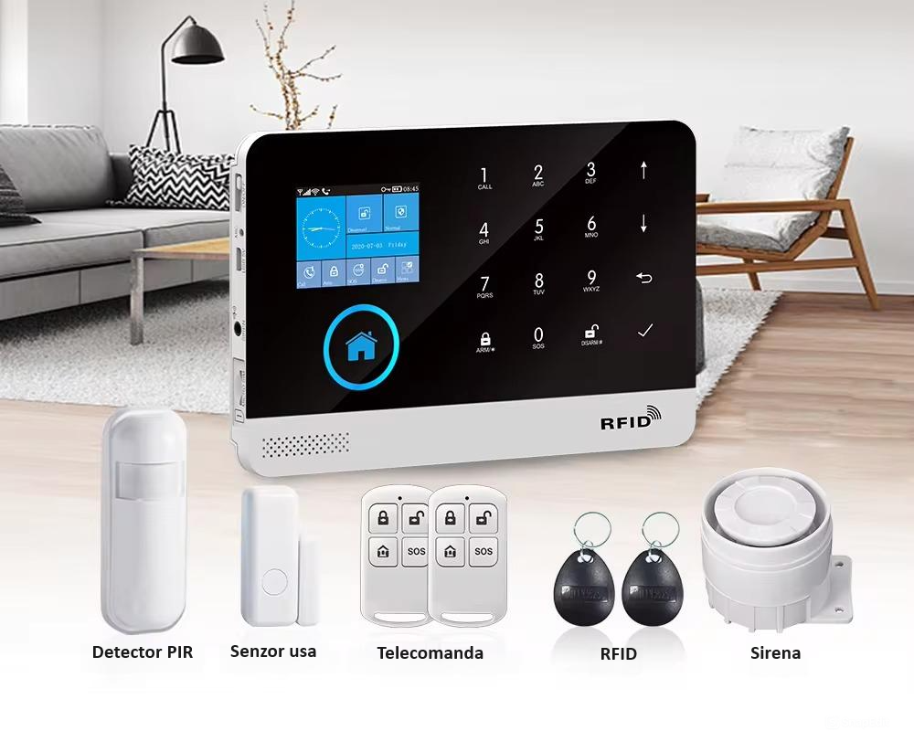 Sistem de alarma wireless, LCD, WiFi, GSM, RFID, touchscreen, control prin aplicatia Tuya Smart, kit inteligent cu senzor si detector PIR, alerta prin SMS, apel vocal, notificare pe telefon, alb [7]