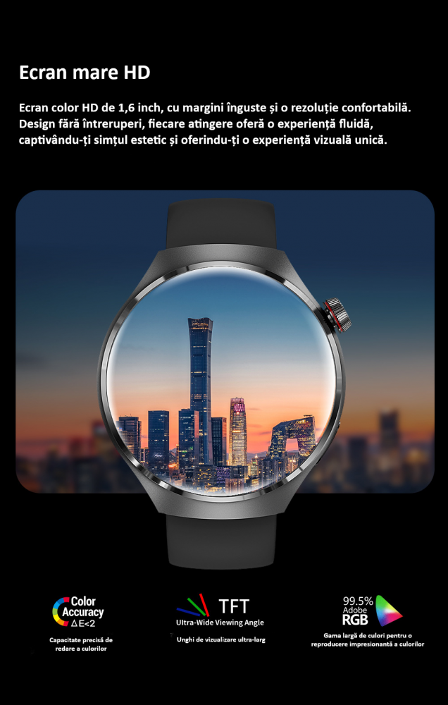 Smartwatch, ecran 1.6", rezistent la apa, notificari apel bluetooth/sms/social media, monitorizare activitati fizice, somn, ritm cardiac, pedometru, incarcare wireless, unisex, Android, IOS, negru [6]