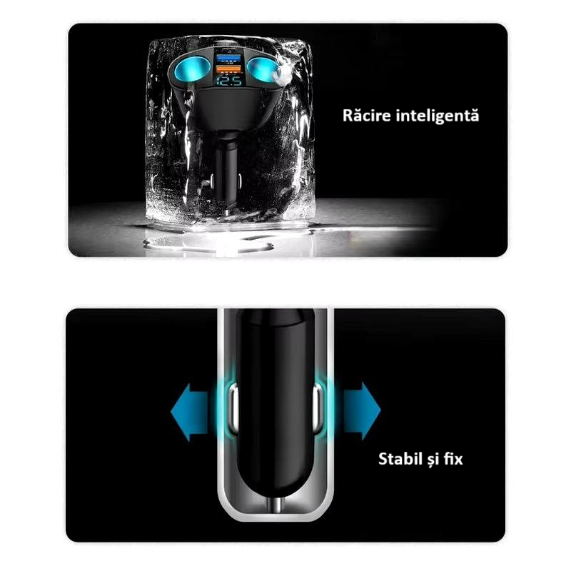 Splitter pentru bricheta auto, 5 porturi, adaptor priza auto multiplicator, cu afisaj digital, incarcator rapid QC3.0 si PD 20W, 2 socluri bricheta, 1 x USB-C, afisaj LED, rotire 360°, negru [15]
