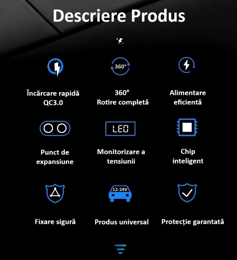 Splitter pentru bricheta auto, 5 porturi, adaptor priza auto multiplicator, cu afisaj digital, incarcator rapid QC3.0 si PD 20W, 2 socluri bricheta, 1 x USB-C, afisaj LED, rotire 360°, negru [11]
