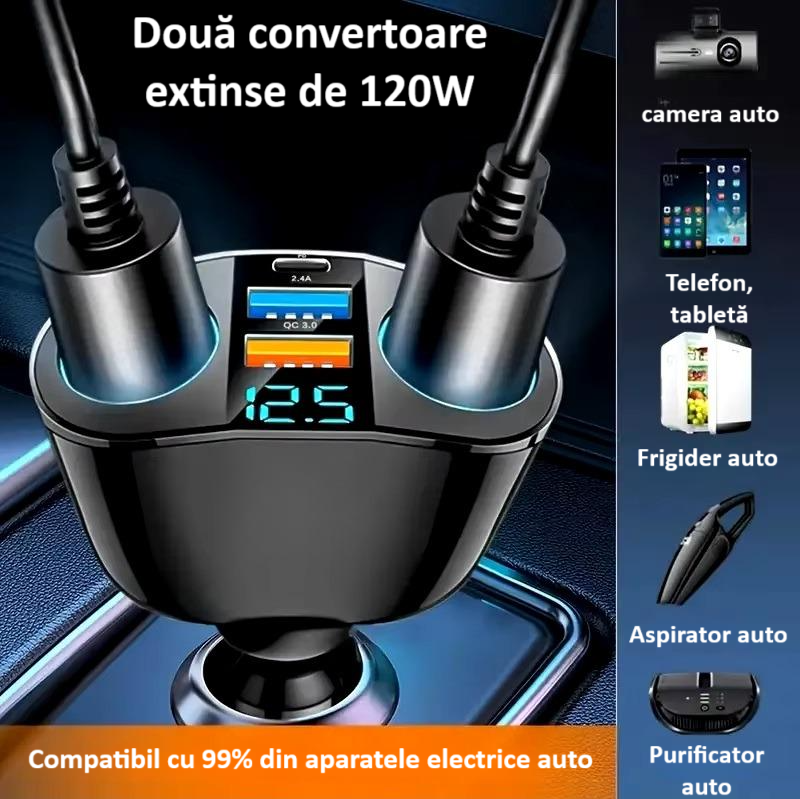 Splitter pentru bricheta auto, 5 porturi, adaptor priza auto multiplicator, cu afisaj digital, incarcator rapid QC3.0 si PD 20W, 2 socluri bricheta, 1 x USB-C, afisaj LED, rotire 360°, negru [3]